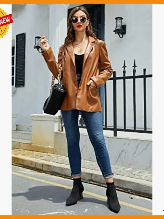 Faux Leather Blazer Jacket Lapel Button Down Coat Women's Regular Fit - Picture 5 of 7